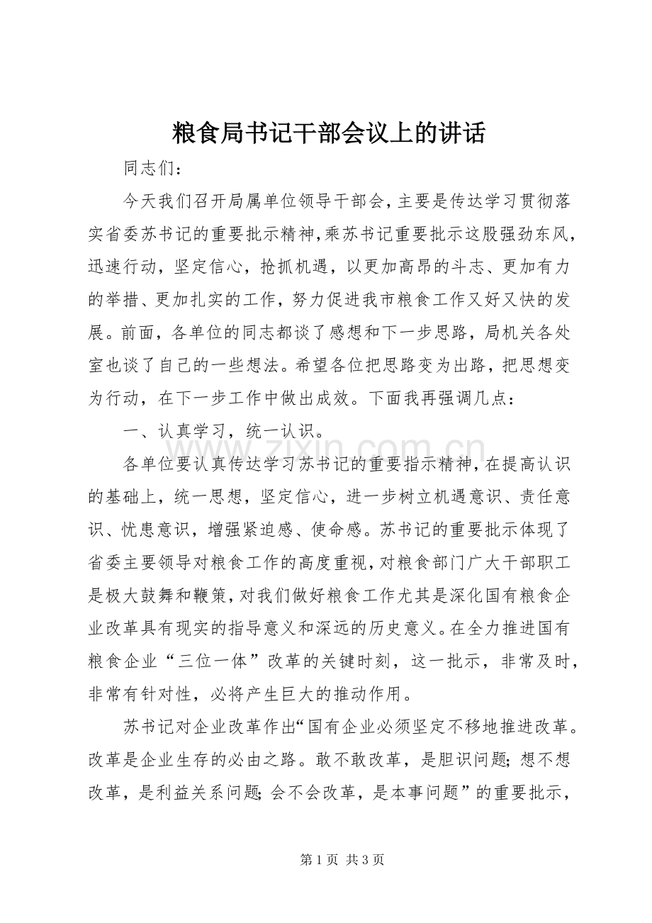 粮食局书记干部会议上的讲话发言.docx_第1页