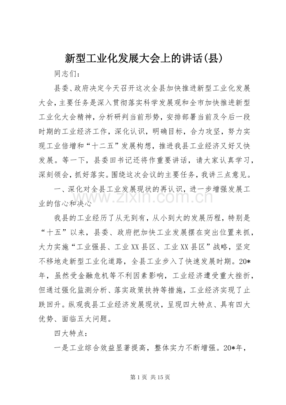 新型工业化发展大会上的讲话发言(县).docx_第1页