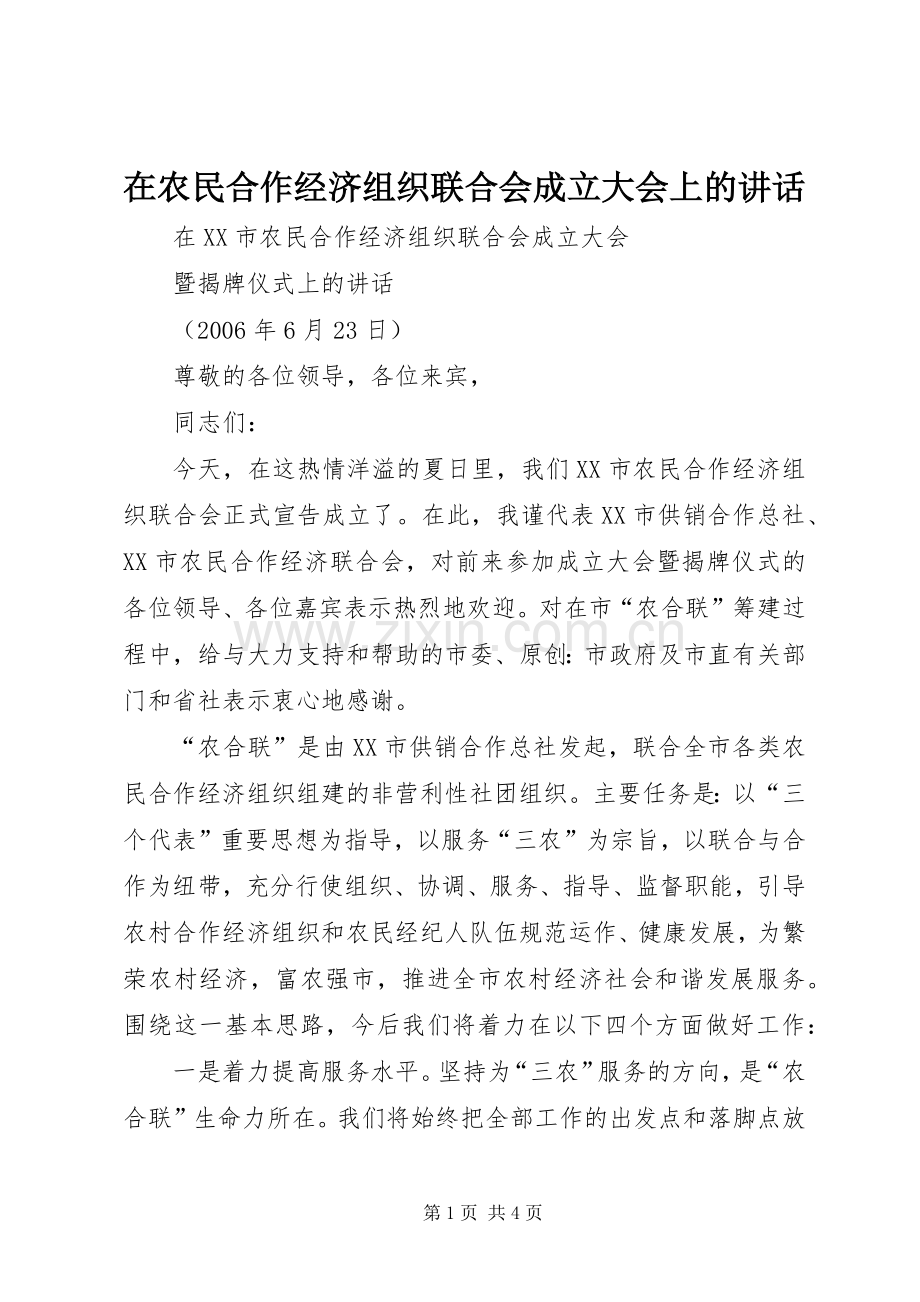 在农民合作经济组织联合会成立大会上的讲话发言.docx_第1页