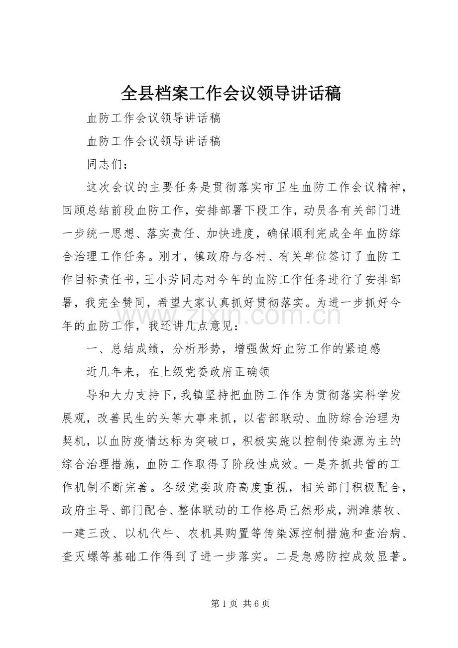 全县档案工作会议领导讲话发言稿.docx_第1页