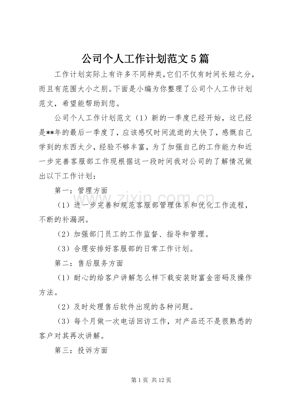 公司个人工作计划范文5篇.docx_第1页
