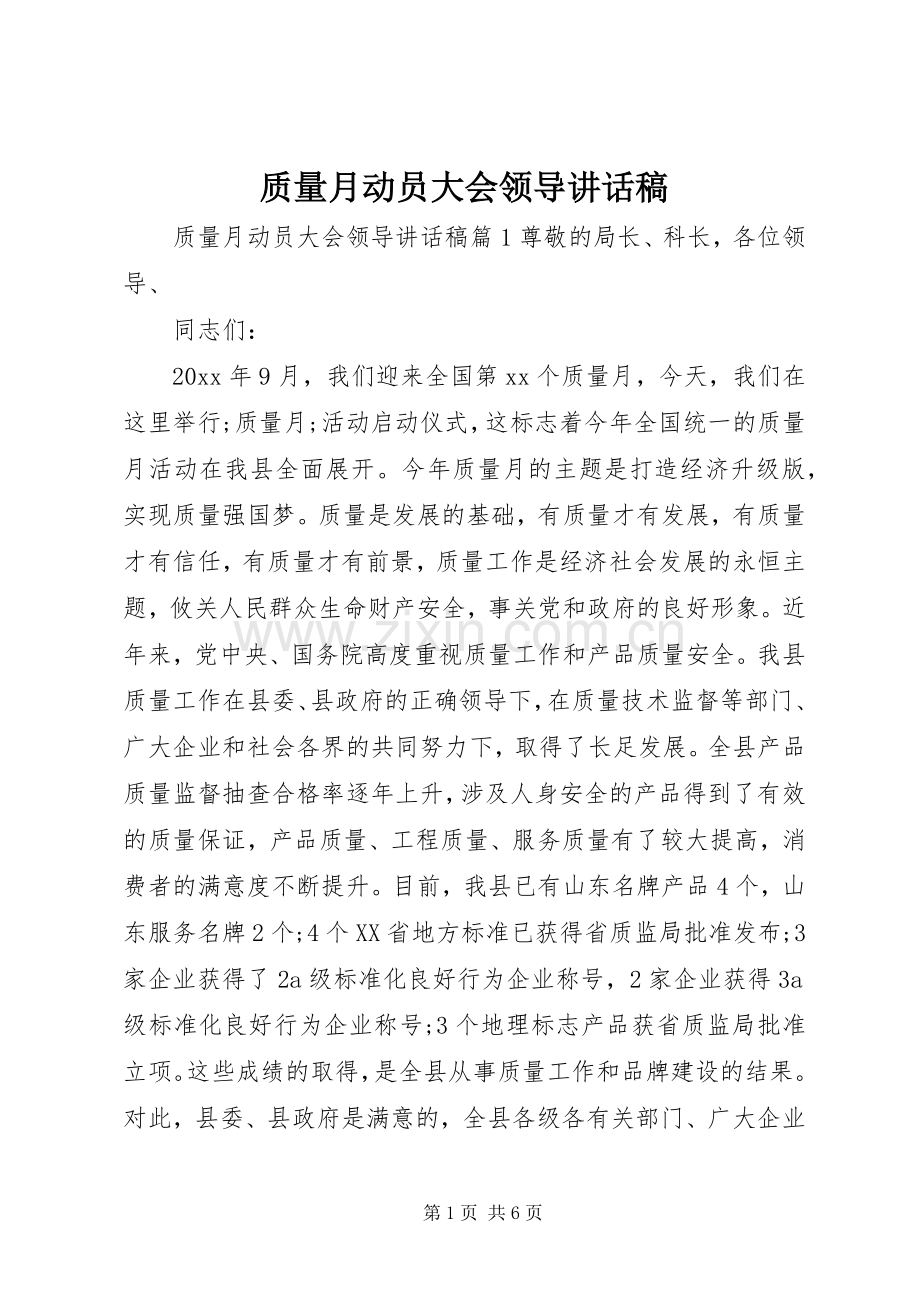 质量月动员大会领导讲话发言稿.docx_第1页