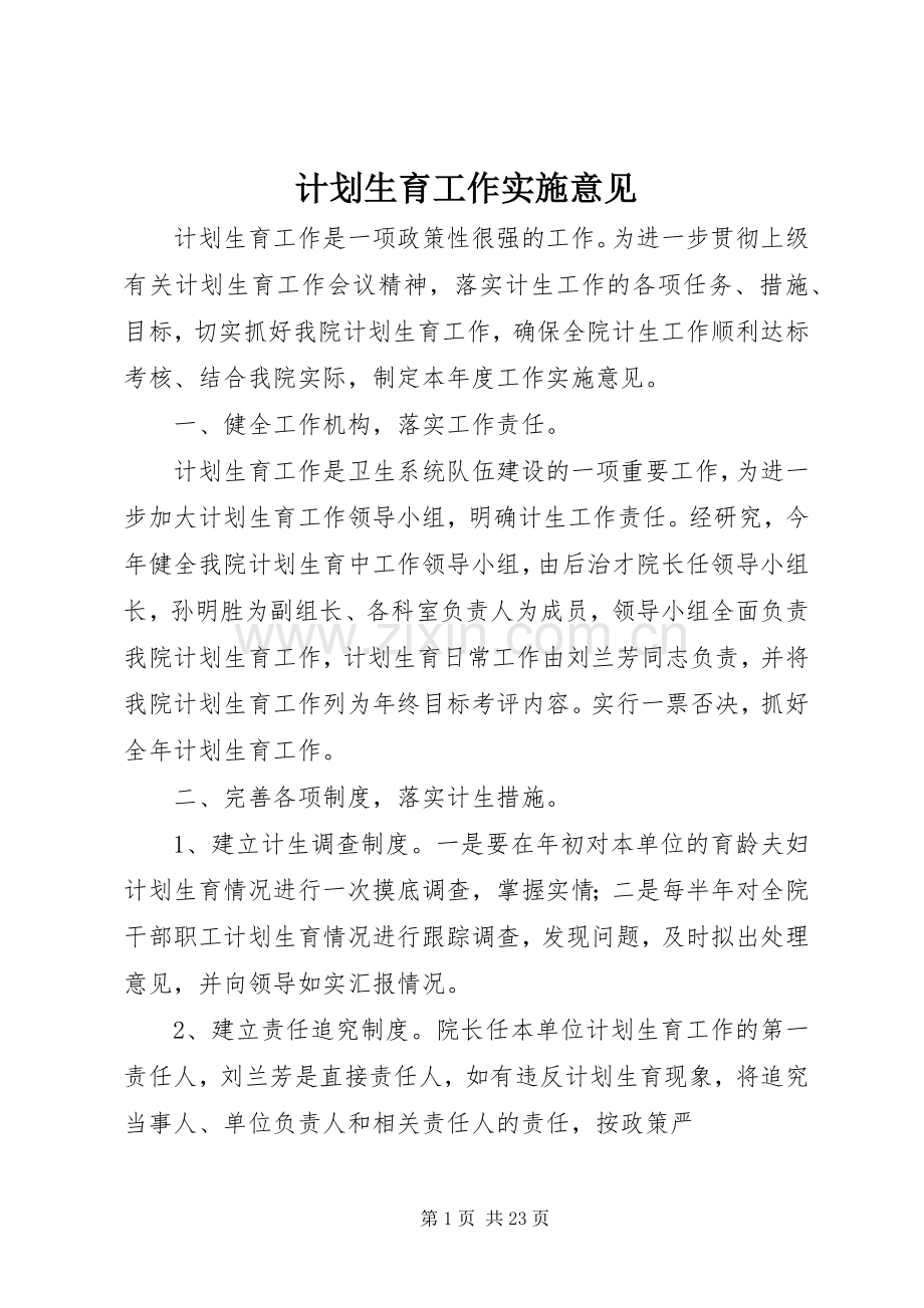 计划生育工作实施意见.docx_第1页