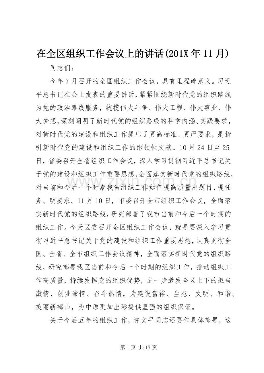 在全区组织工作会议上的讲话发言(201X年11月).docx_第1页