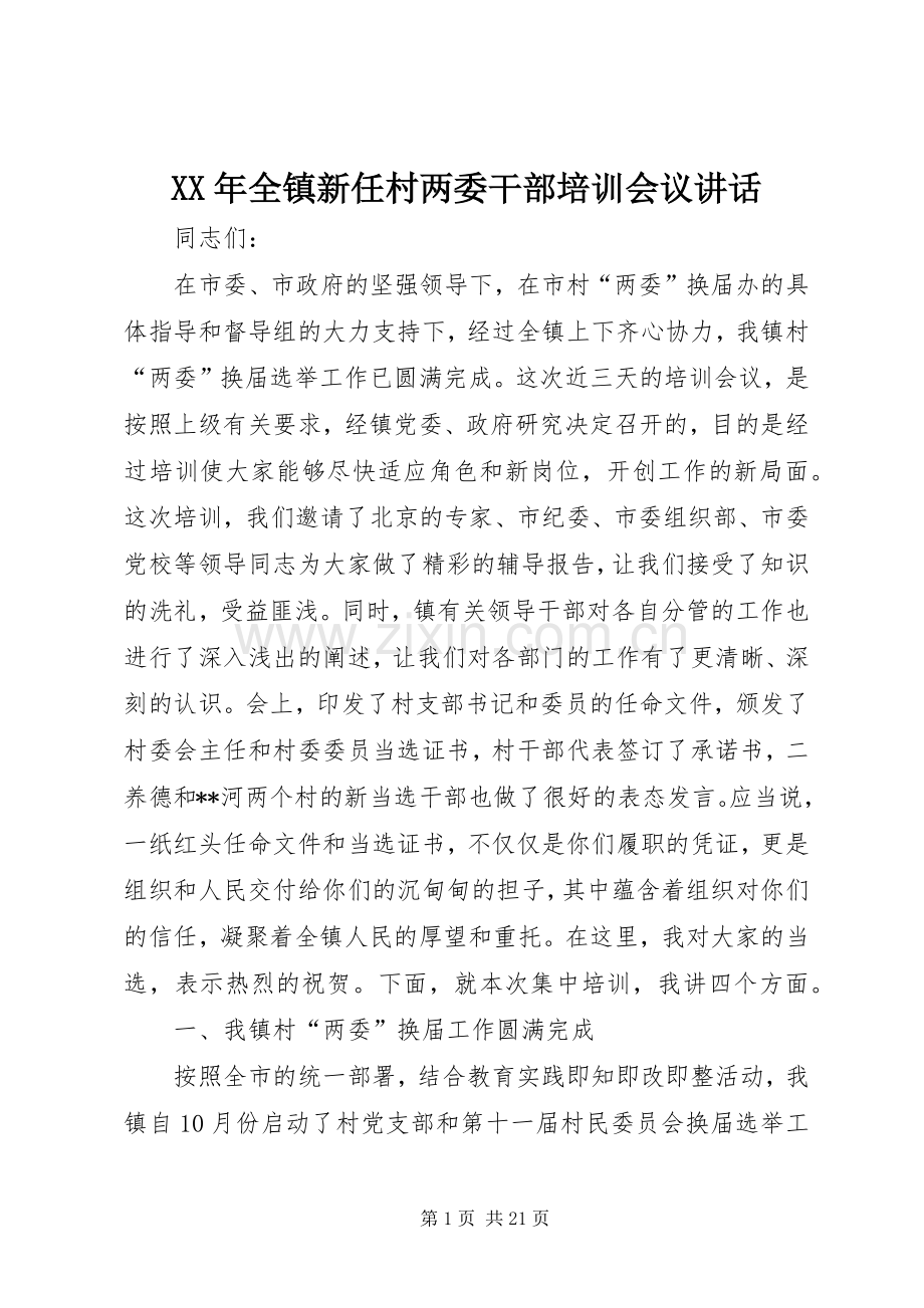 XX年全镇新任村两委干部培训会议讲话发言.docx_第1页