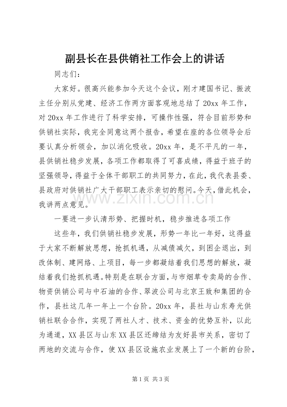 副县长在县供销社工作会上的讲话发言.docx_第1页