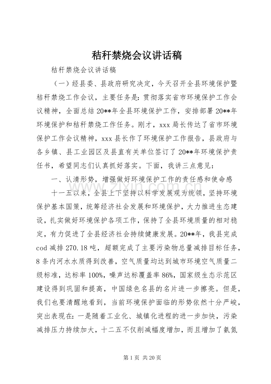 秸秆禁烧会议讲话发言稿.docx_第1页