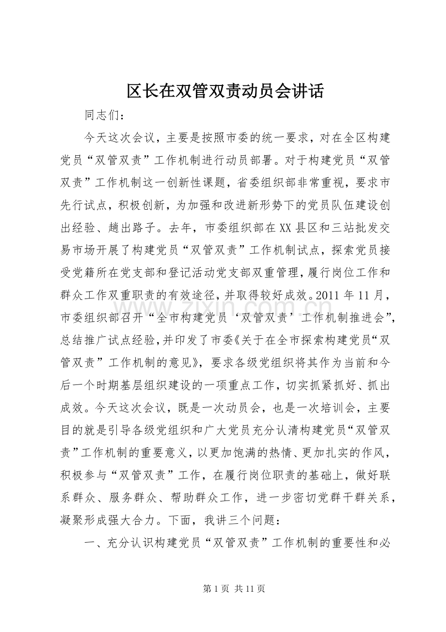 区长在双管双责动员会讲话发言.docx_第1页