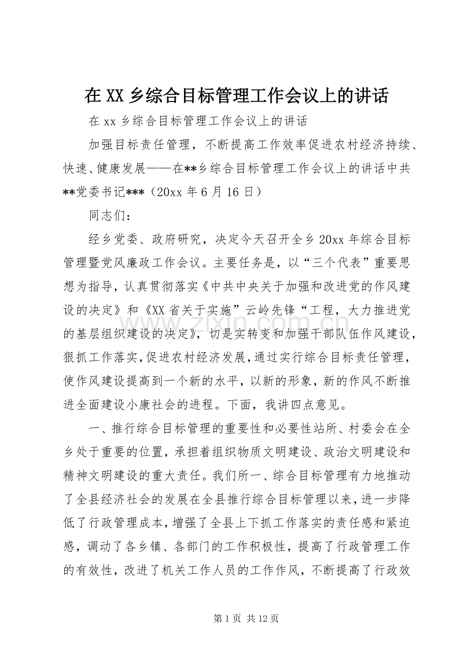 在XX乡综合目标管理工作会议上的讲话发言.docx_第1页