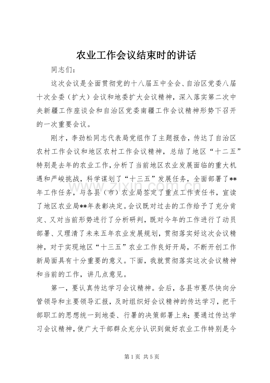 农业工作会议结束时的讲话发言.docx_第1页