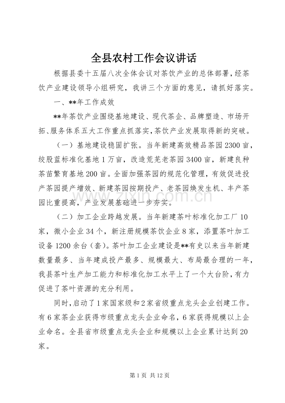 全县农村工作会议讲话发言.docx_第1页