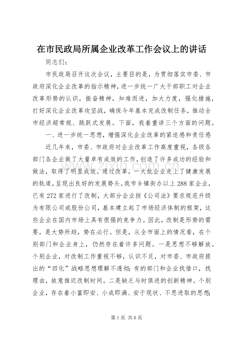 在市民政局所属企业改革工作会议上的讲话发言.docx_第1页