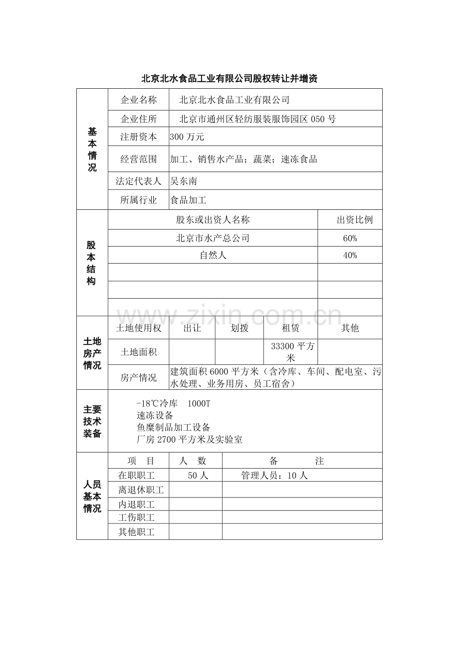 北京北水食品工业有限公司股权转让并增资.docx_第1页