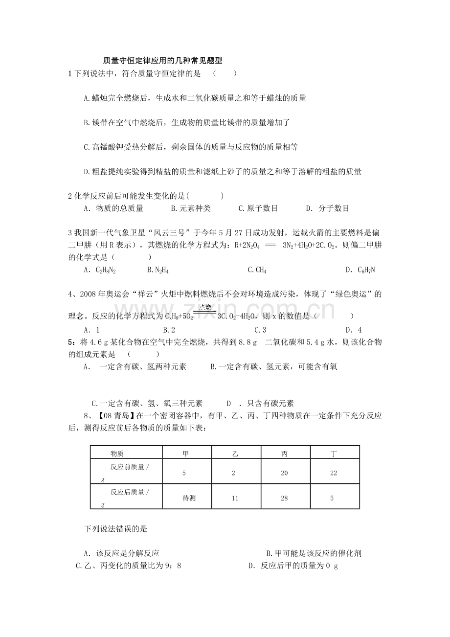 质量守恒定律应用的几种常见题型.doc_第1页