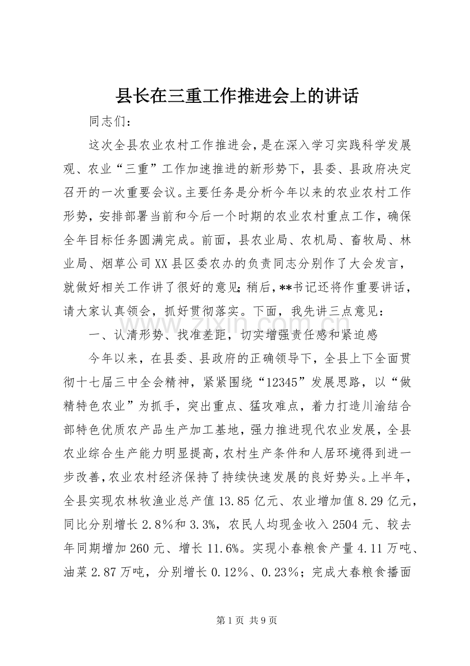 县长在三重工作推进会上的讲话发言.docx_第1页