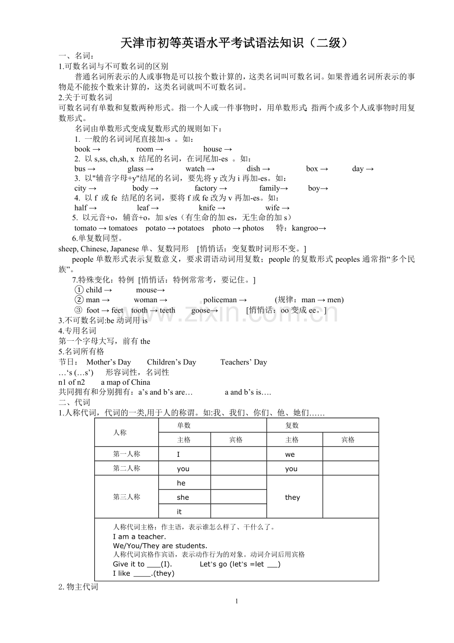 天津市初等英语水平考试(二级)语法知识.doc_第1页