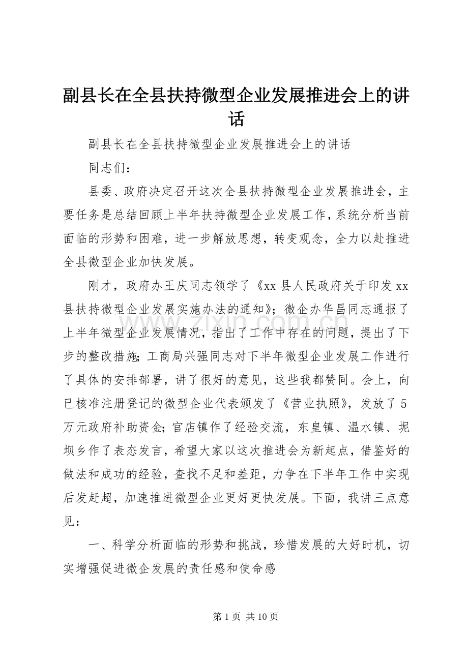 副县长在全县扶持微型企业发展推进会上的讲话发言.docx_第1页