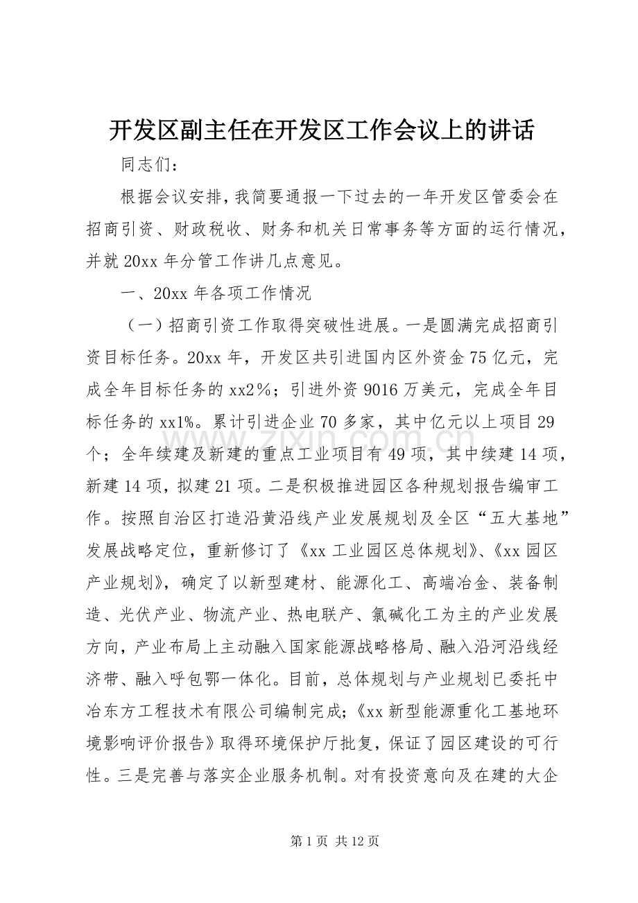开发区副主任在开发区工作会议上的讲话发言.docx_第1页