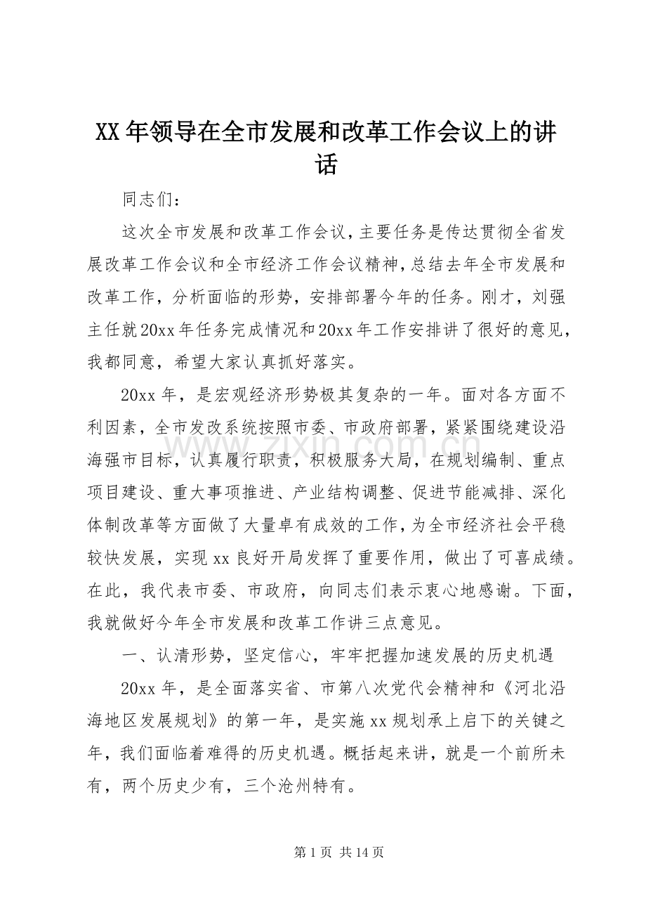XX年领导在全市发展和改革工作会议上的讲话发言.docx_第1页