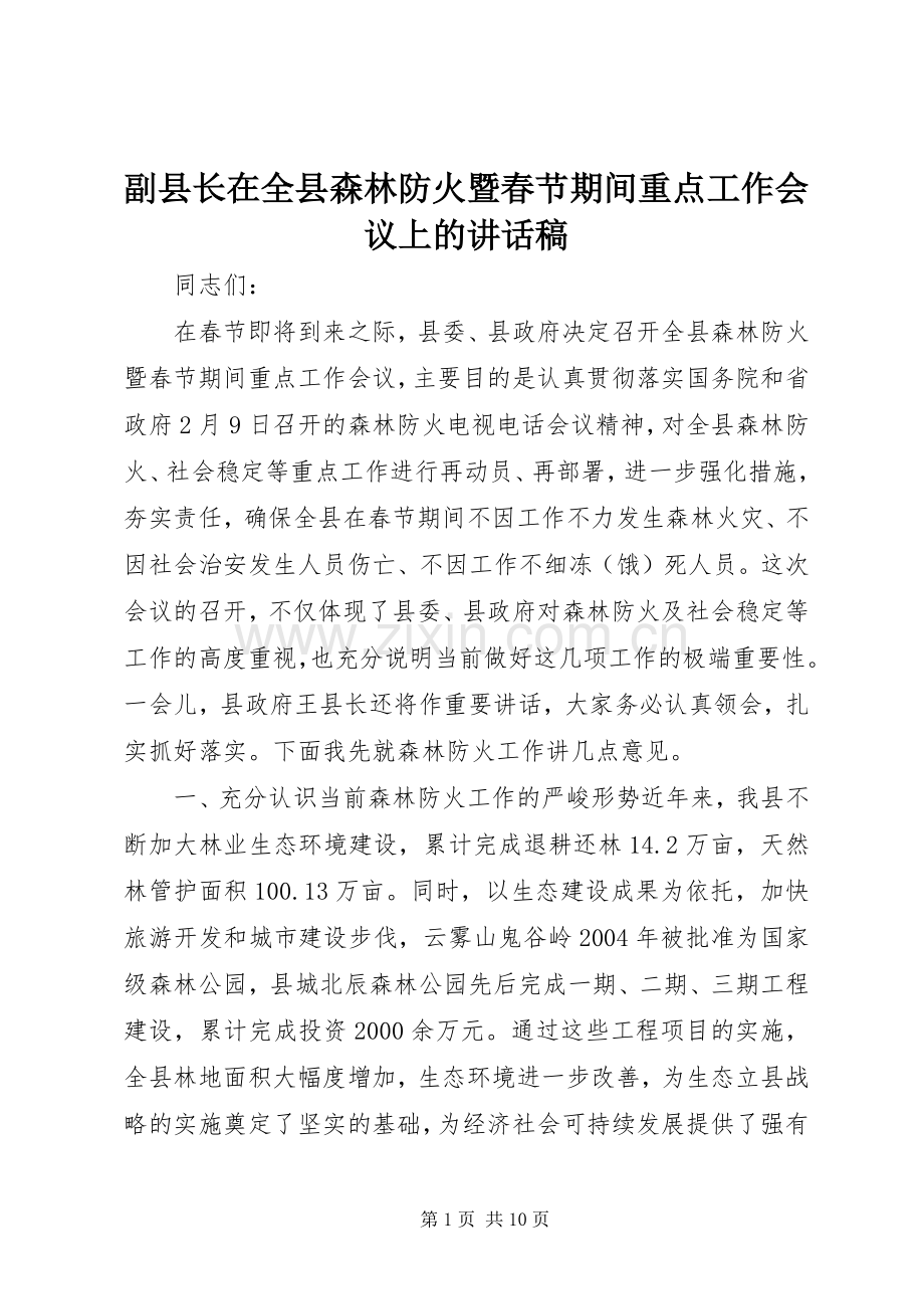 副县长在全县森林防火暨春节期间重点工作会议上的讲话发言稿.docx_第1页
