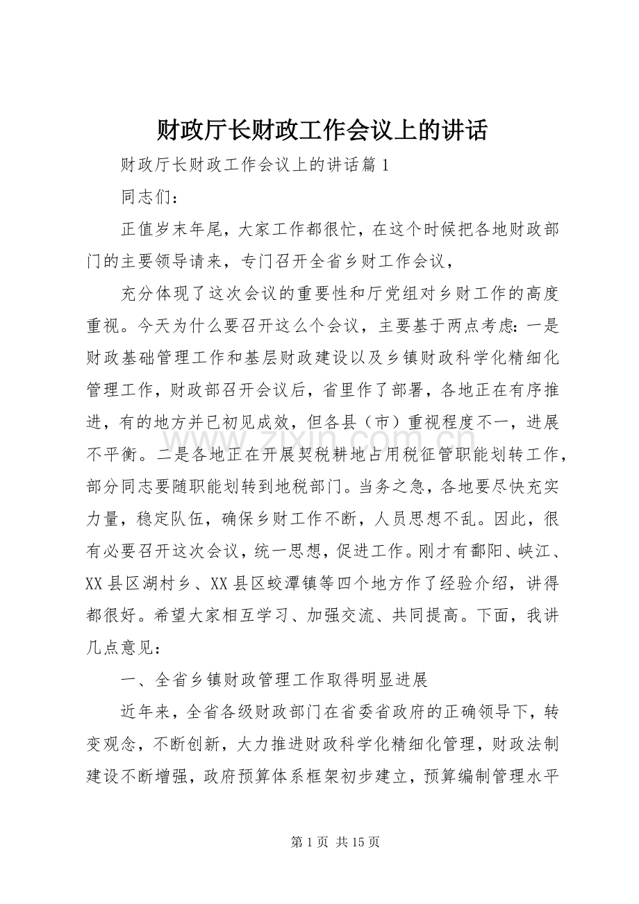 财政厅长财政工作会议上的讲话发言.docx_第1页