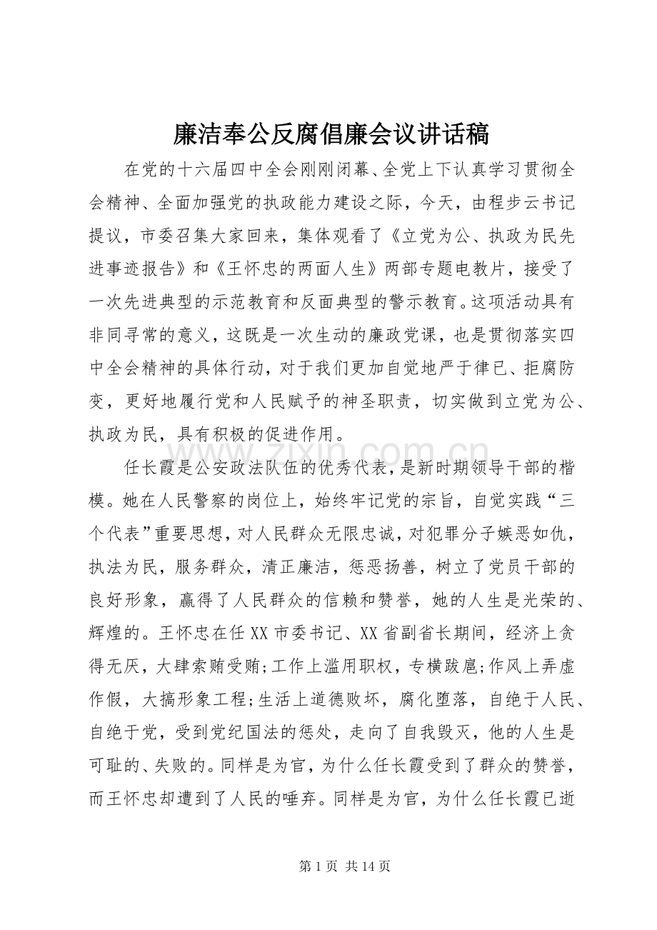 廉洁奉公反腐倡廉会议讲话发言稿.docx_第1页
