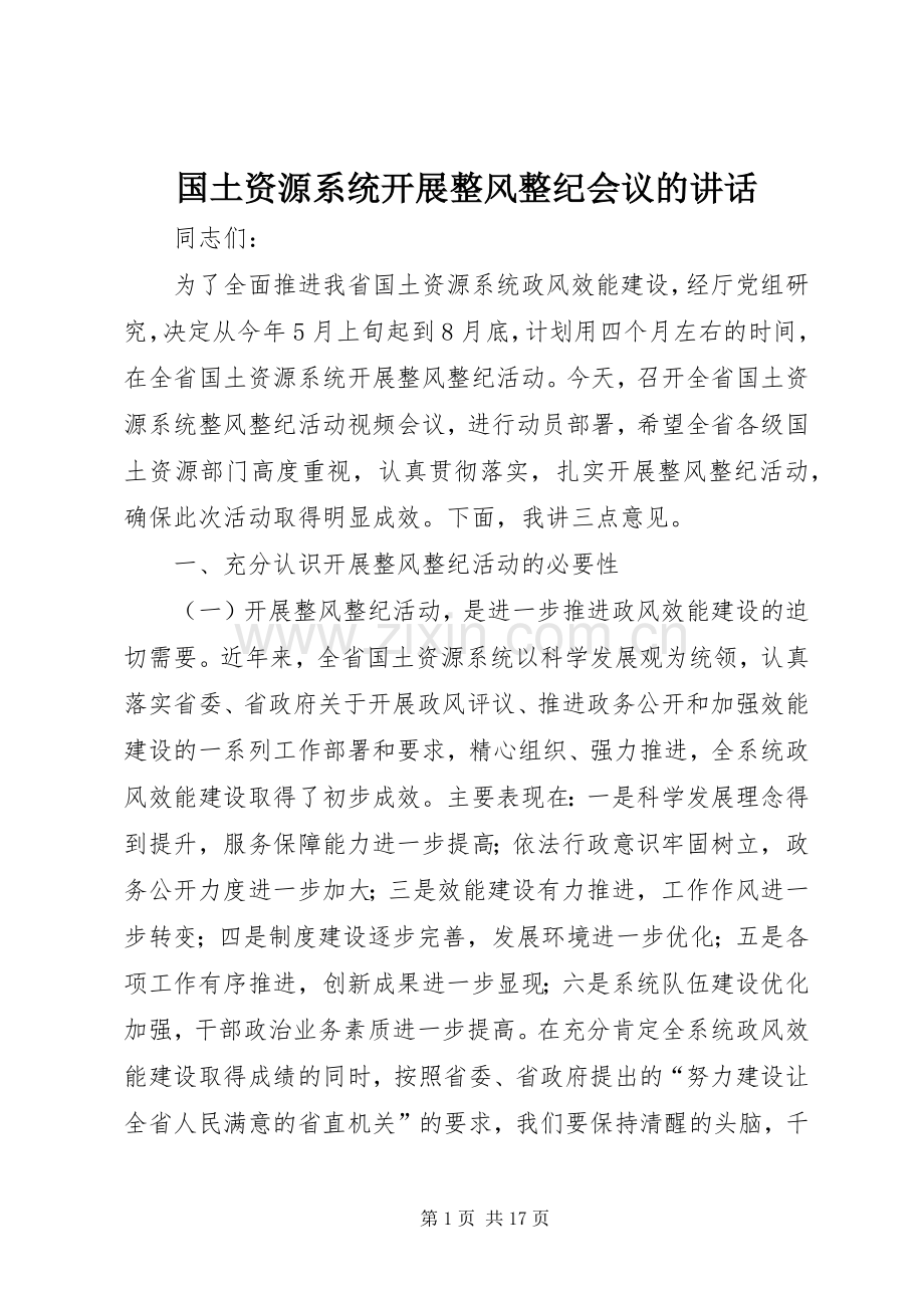 国土资源系统开展整风整纪会议的讲话发言.docx_第1页