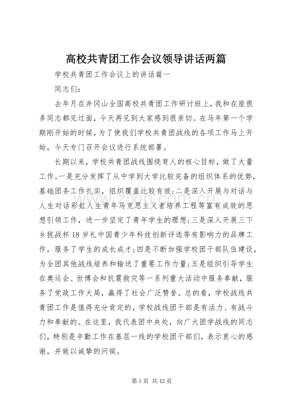 高校共青团工作会议领导讲话发言两篇.docx_第1页