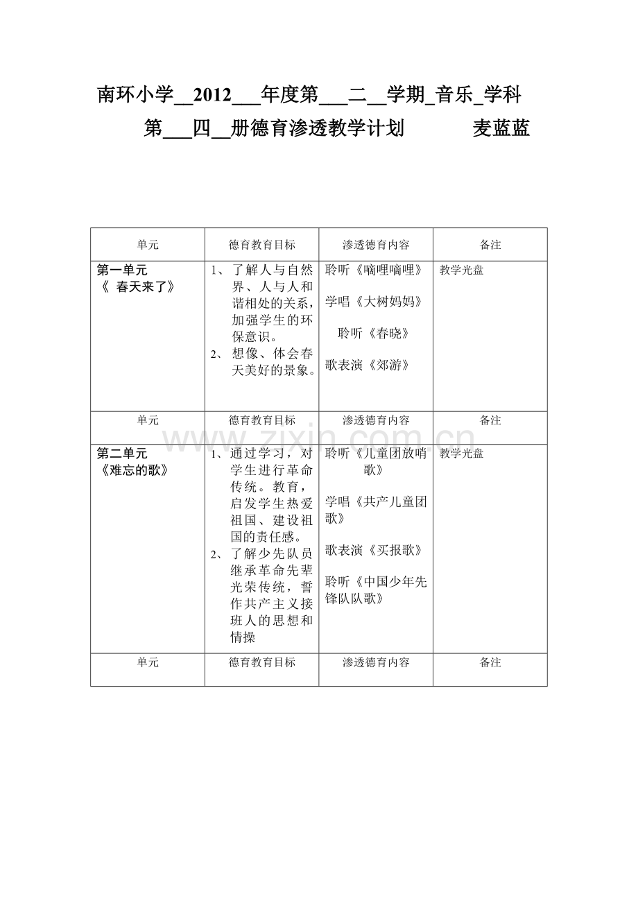 第四册德育渗透计划.doc_第1页