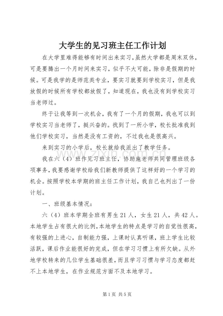 大学生的见习班主任工作计划.docx_第1页