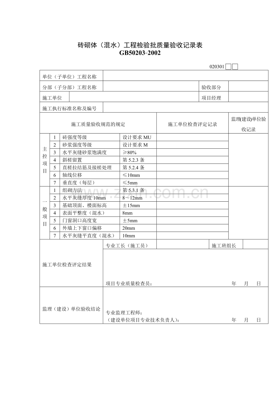 砖砌体（混水）工程检验批质量验收记录表.docx_第1页