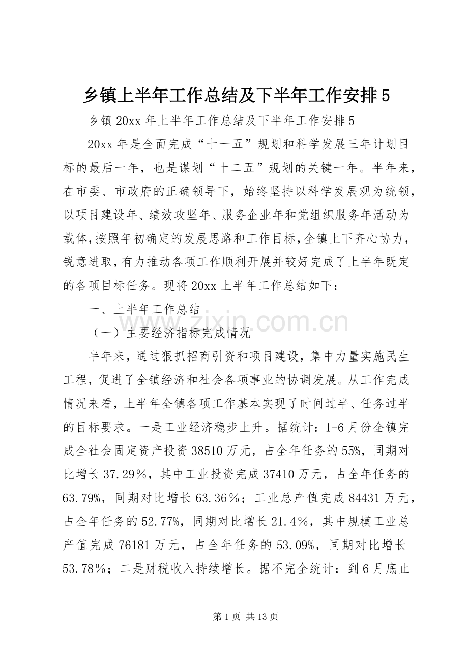 乡镇上半年工作总结及下半年工作安排5.docx_第1页