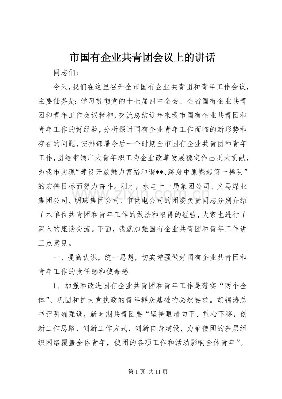 市国有企业共青团会议上的讲话发言.docx_第1页
