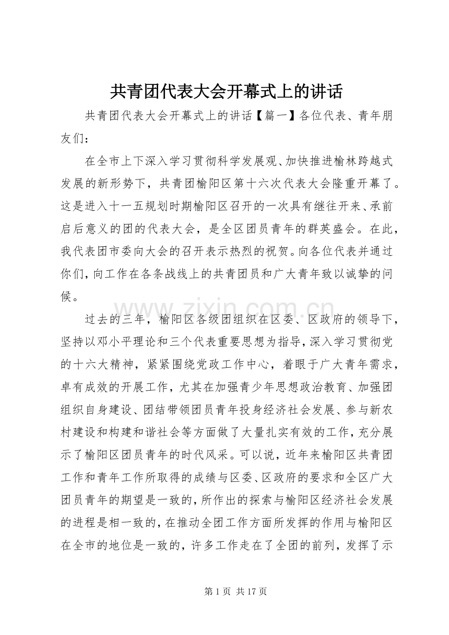 共青团代表大会开幕式上的讲话发言.docx_第1页