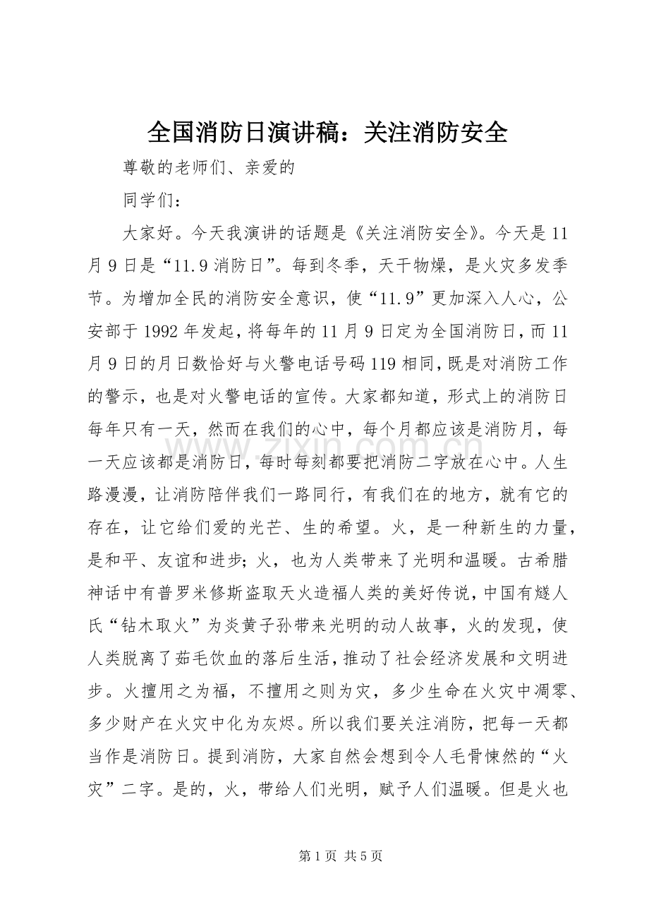全国消防日演讲稿范文：关注消防安全.docx_第1页