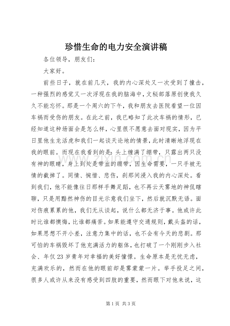 珍惜生命的电力安全演讲稿范文.docx_第1页