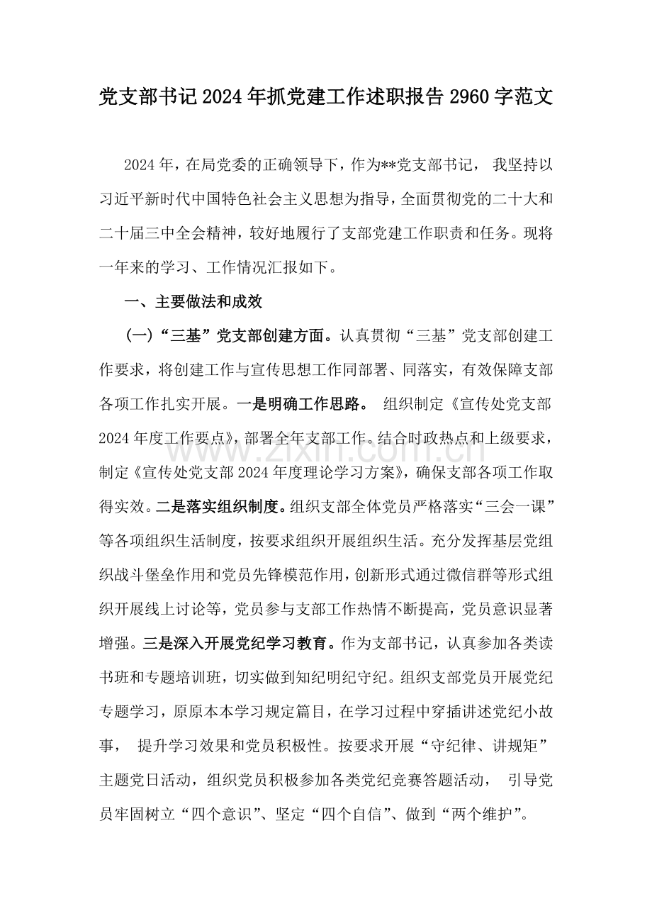 党支部书记2024年抓党建工作述职报告2960字范文.docx_第1页