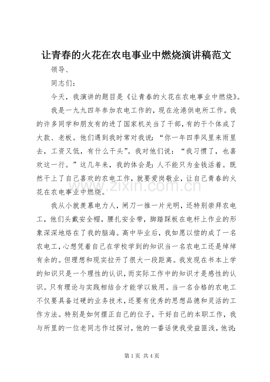 让青春的火花在农电事业中燃烧演讲稿.docx_第1页