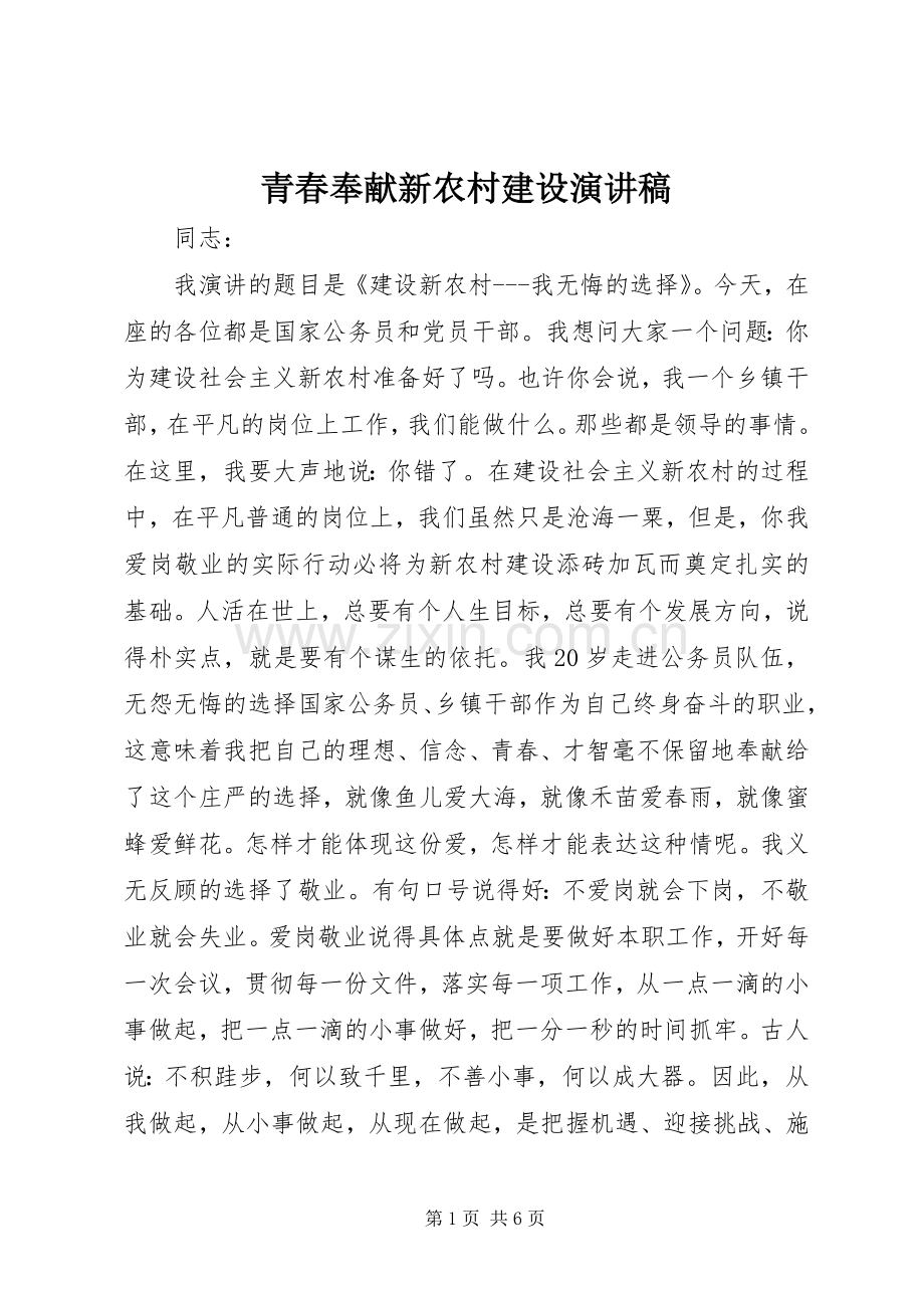 青春奉献新农村建设致辞演讲稿.docx_第1页