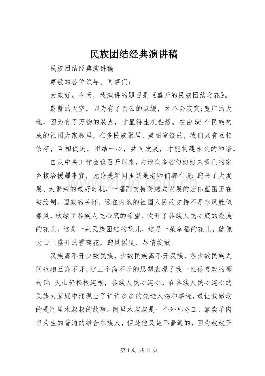 民族团结经典演讲稿范文.docx_第1页