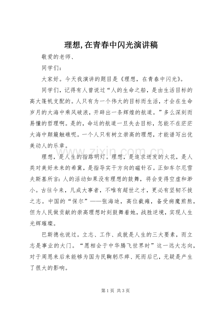 理想,在青春中闪光演讲稿范文.docx_第1页