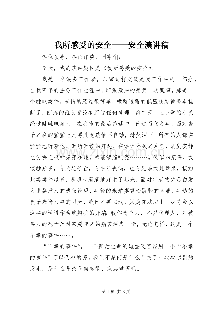 我所感受的安全——安全演讲稿范文.docx_第1页