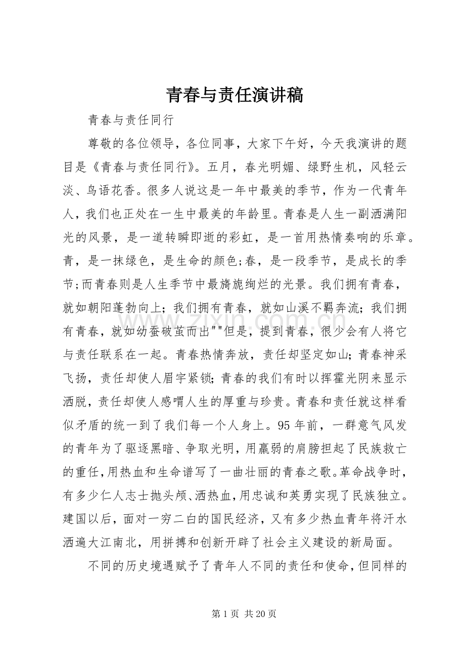 青春与责任致辞演讲稿.docx_第1页