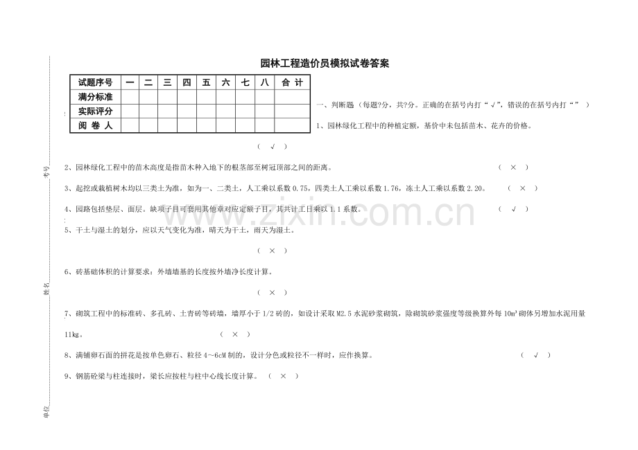 2024年园林工程造价员模拟试卷答案.doc_第1页
