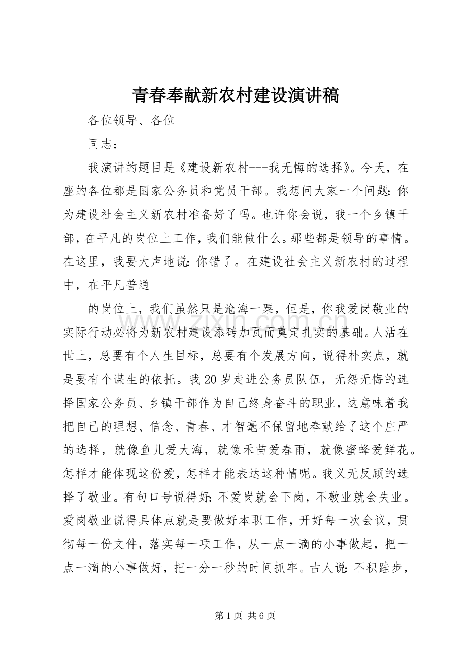 青春奉献新农村建设演讲.docx_第1页