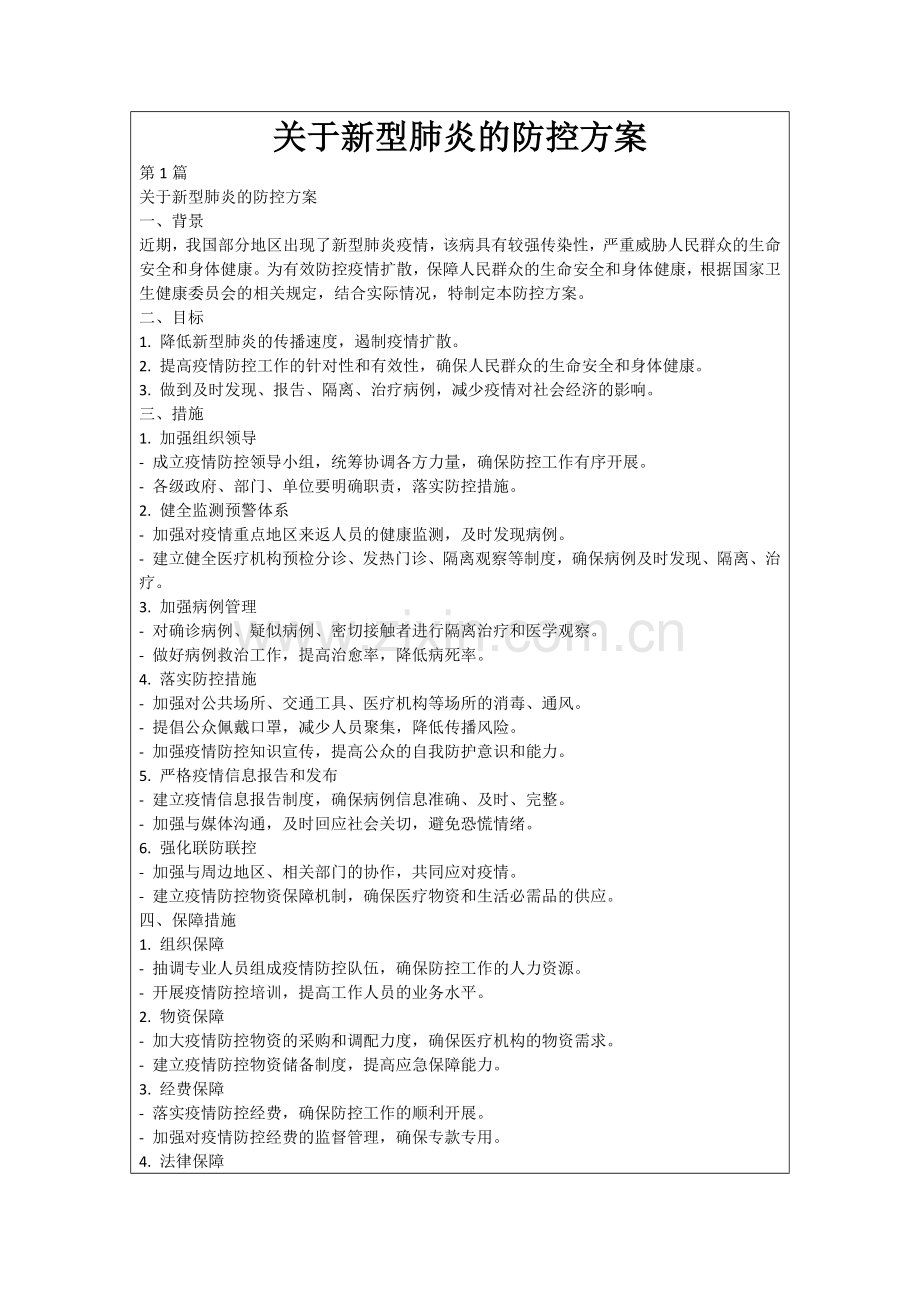 关于新型肺炎的防控方案.docx_第1页