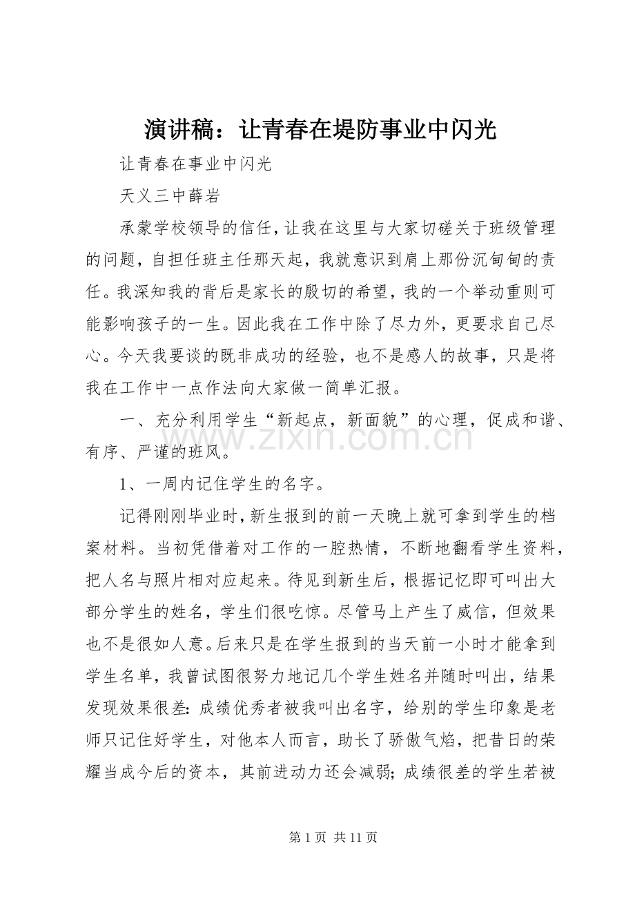 演讲：让青春在堤防事业中闪光.docx_第1页