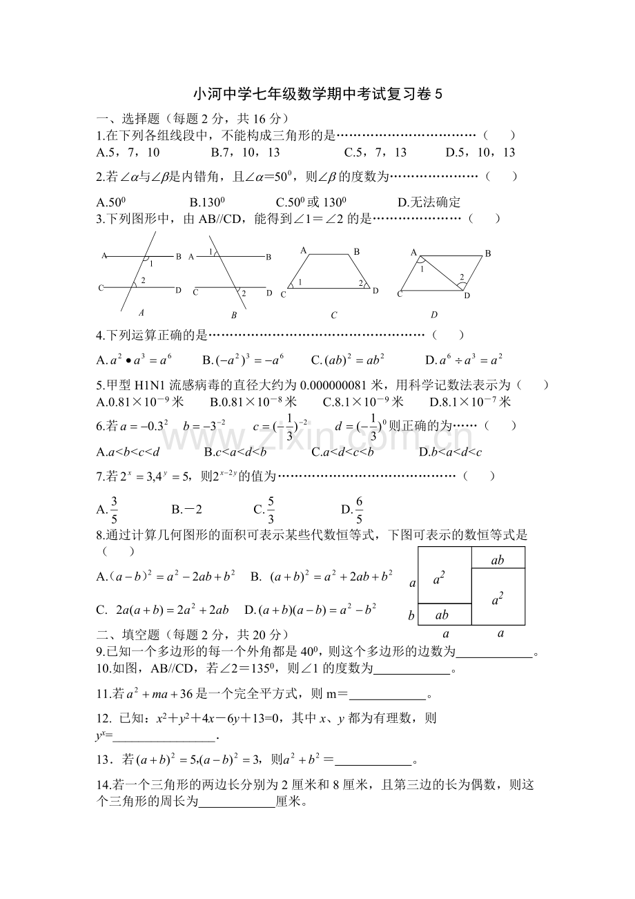 七年级数学下期中复习试卷(5).doc_第1页