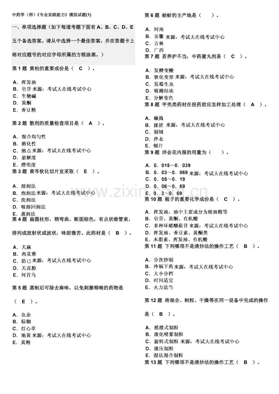 2024年中药学师专业实践能力模拟试题.doc_第1页