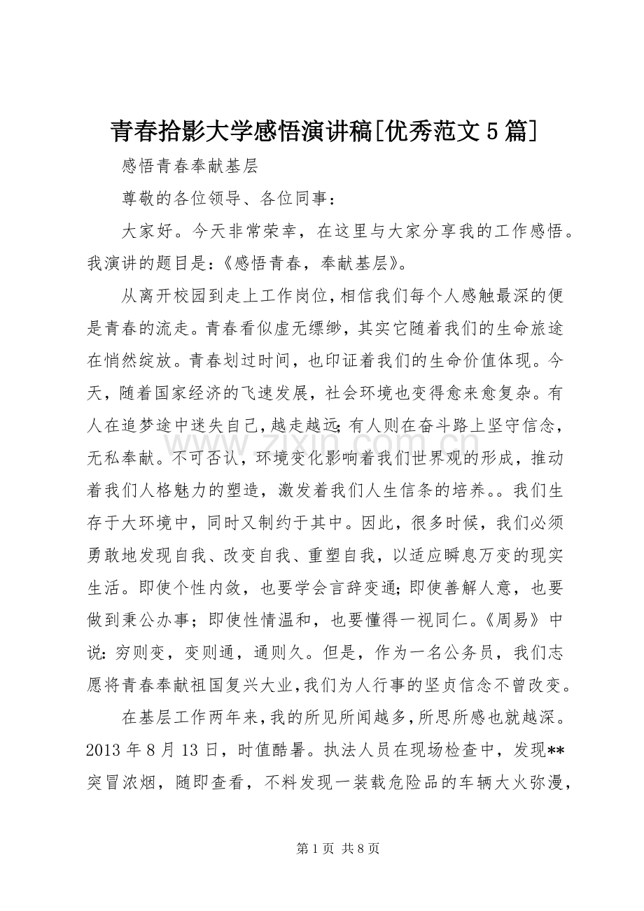 青春拾影大学感悟演讲致辞[优秀范文5篇].docx_第1页